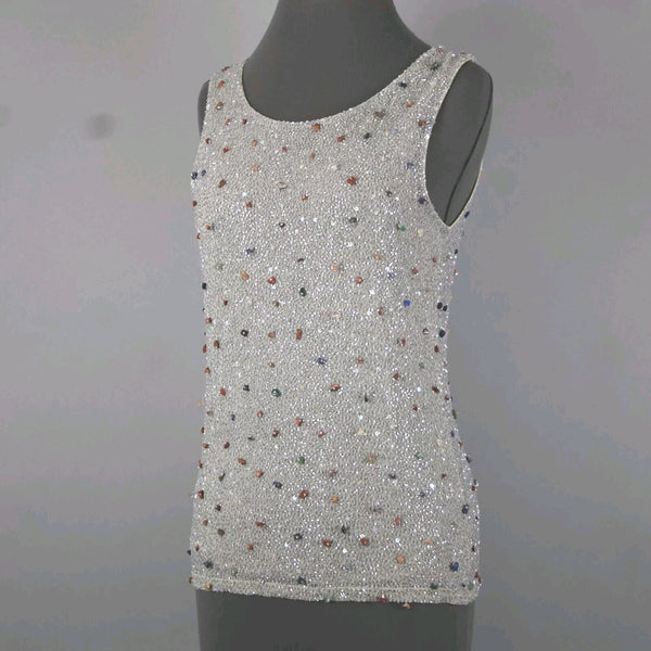 Krizia Sz 46 Gray Multi Color Full Beaded Embroidered Sleeveless Nylon Rayon Top