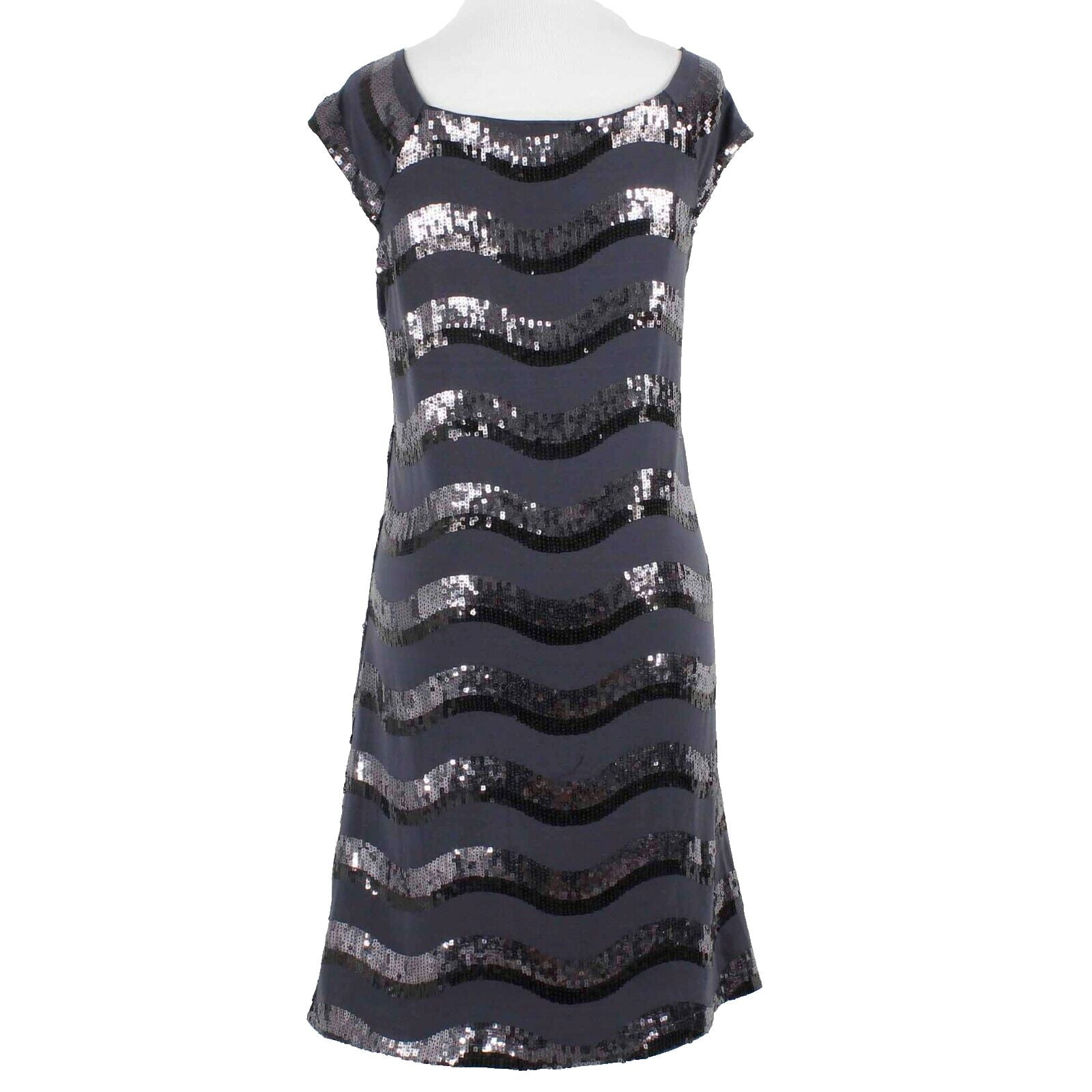 Forever NEW Sz L Navy Black Sequin Fit And Flare Short Sleeve Poly Spandex Dress