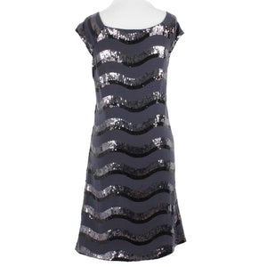Forever NEW Sz L Navy Black Sequin Fit And Flare Short Sleeve Poly Spandex Dress