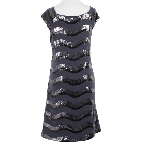Forever NEW Sz L Navy Black Sequin Fit And Flare Short Sleeve Poly Spandex Dress