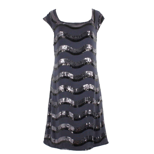 Forever NEW Sz L Navy Black Sequin Fit And Flare Short Sleeve Poly Spandex Dress