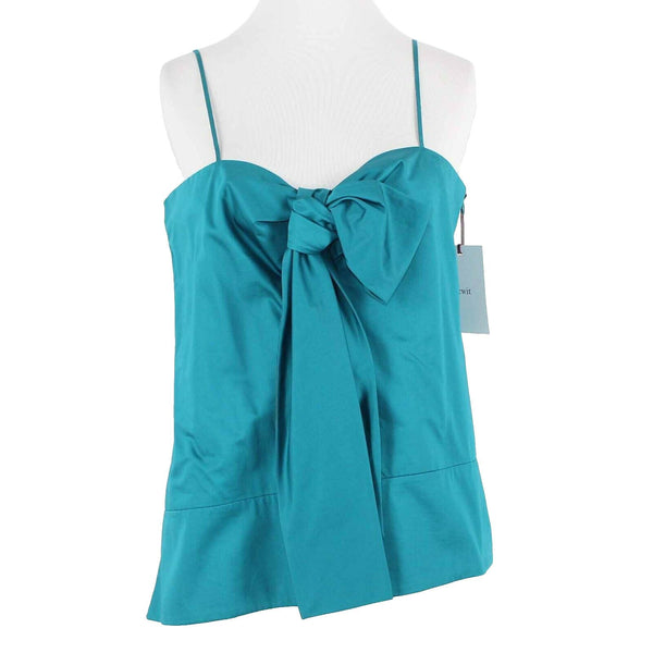 Lewit NEW $90 Sz M Teal Big Bow Side Zip Asymmetrical 100% Cotton Top