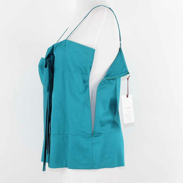Lewit NEW $90 Sz M Teal Big Bow Side Zip Asymmetrical 100% Cotton Top