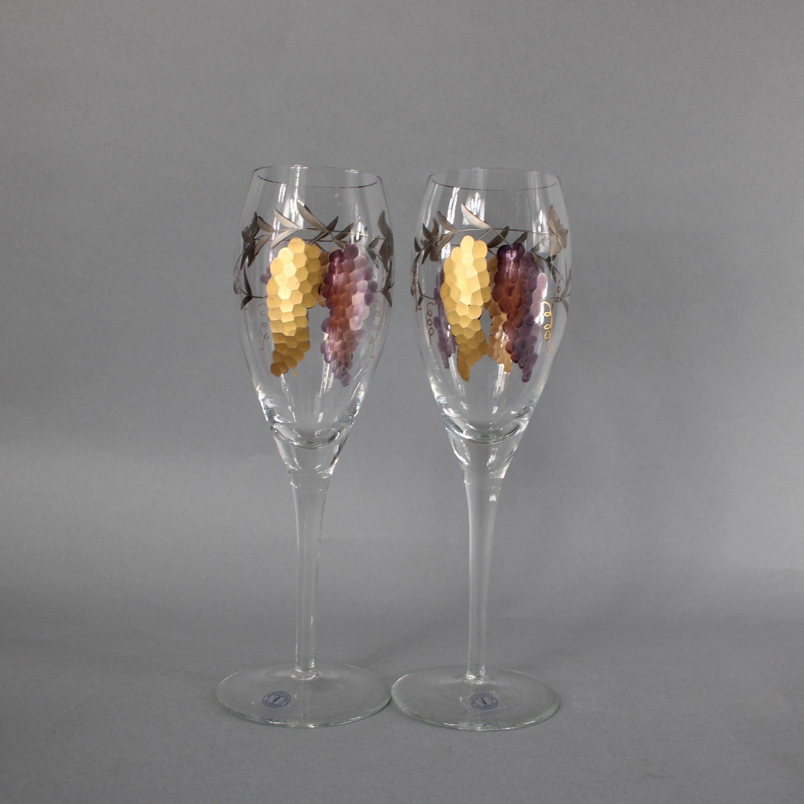 Romania Wine Glasses Gold Multi Carved Painted Hand Crafted 10" Wine Glasses