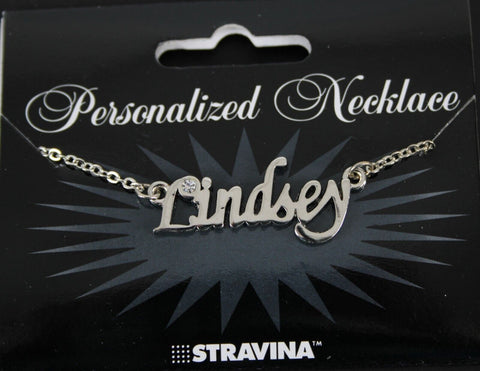 LINDSEY Name NEW Silvertone Rhinestone 14.5" w 4.5" Multi Ring Ext Necklace