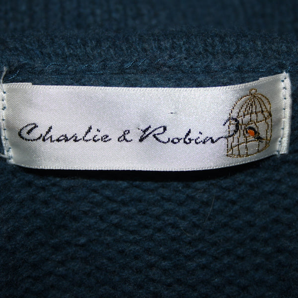 Charlie Robin Sz M/L Blue Buttons Knit Pockets Wool Nylon Cardigan Sweater