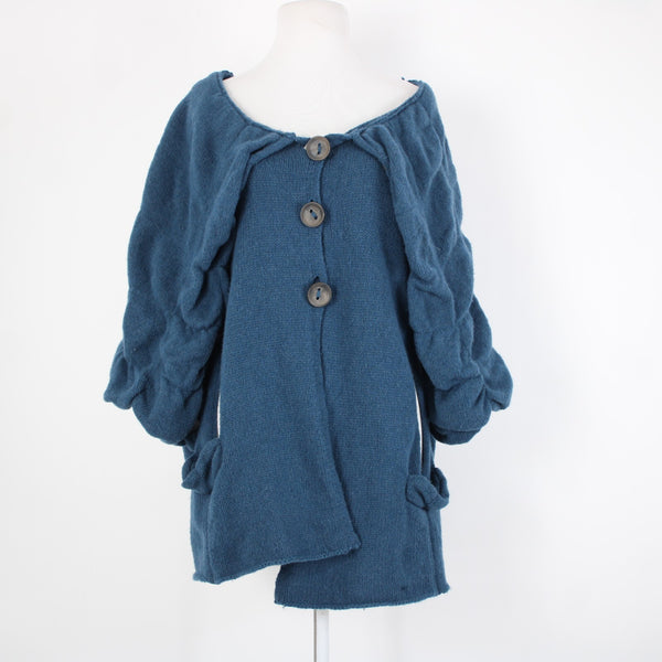 Charlie Robin Sz M/L Blue Buttons Knit Pockets Wool Nylon Cardigan Sweater