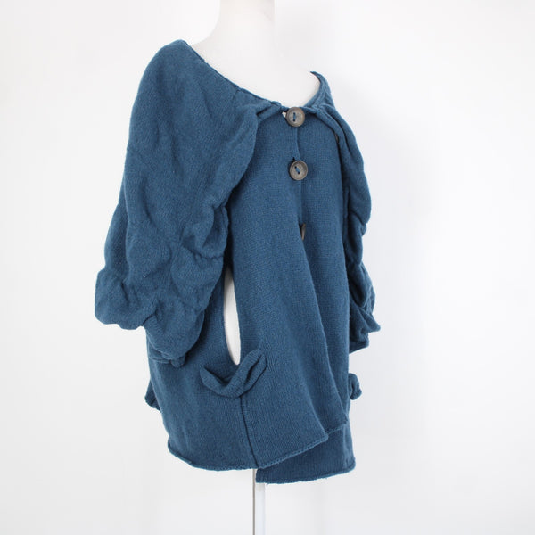 Charlie Robin Sz M/L Blue Buttons Knit Pockets Wool Nylon Cardigan Sweater