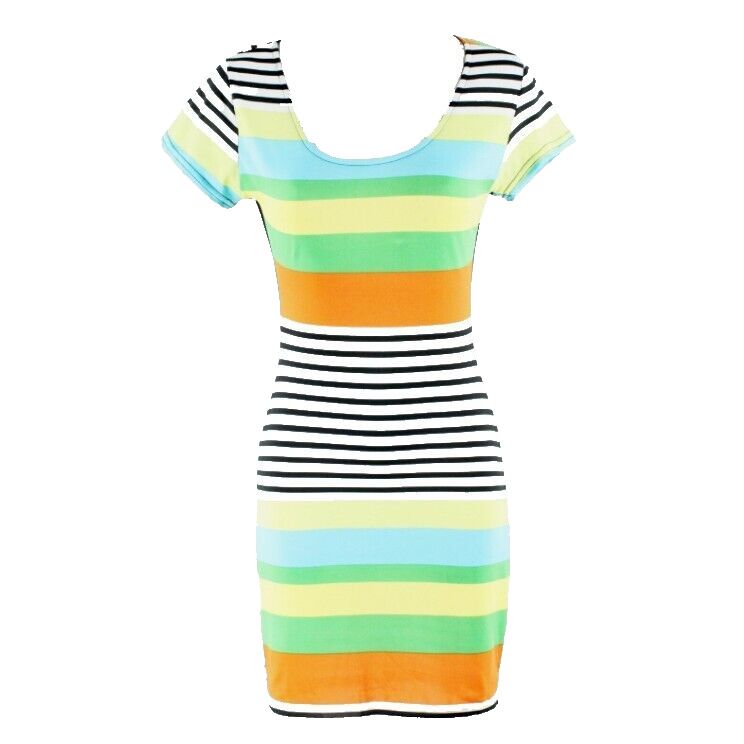 Second Skin NEW $69 S Black White Stripe Mesh Back Bodycon Poly Spndx Dress