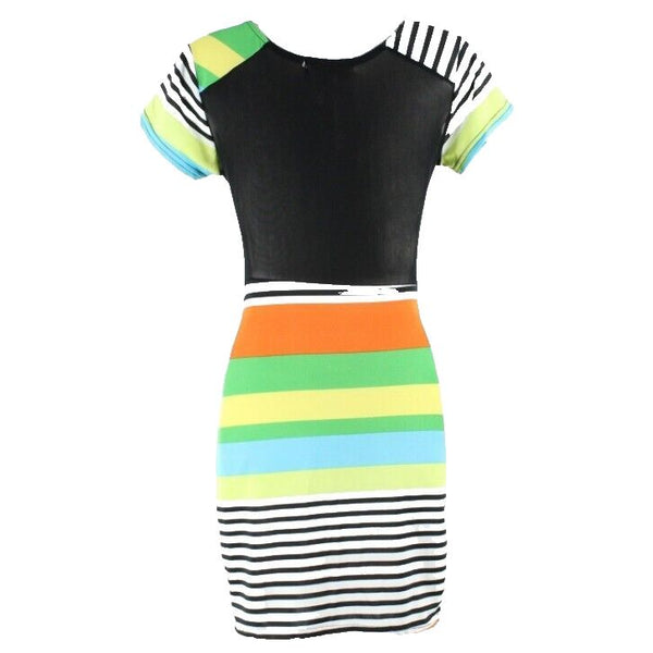 Second Skin NEW $69 S Black White Stripe Mesh Back Bodycon Poly Spndx Dress