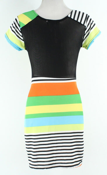 Second Skin NEW $69 S Black White Stripe Mesh Back Bodycon Poly Spndx Dress