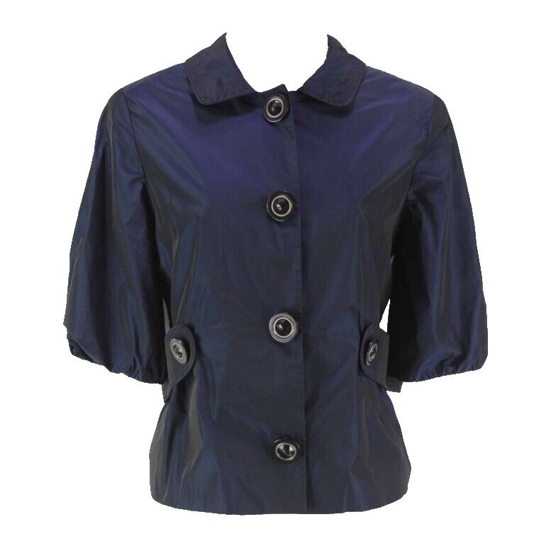 Tahari Sz XS Navy Black Iridescent Poly Elbow Sleeve Self Belted Blazer