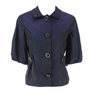 Tahari Sz XS Navy Black Iridescent Poly Elbow Sleeve Self Belted Blazer