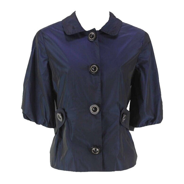 Tahari Sz XS Navy Black Iridescent Poly Elbow Sleeve Self Belted Blazer