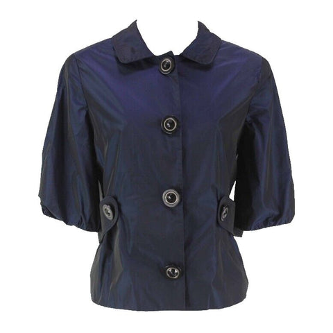 Tahari Sz XS Navy Black Iridescent Poly Elbow Sleeve Self Belted Blazer