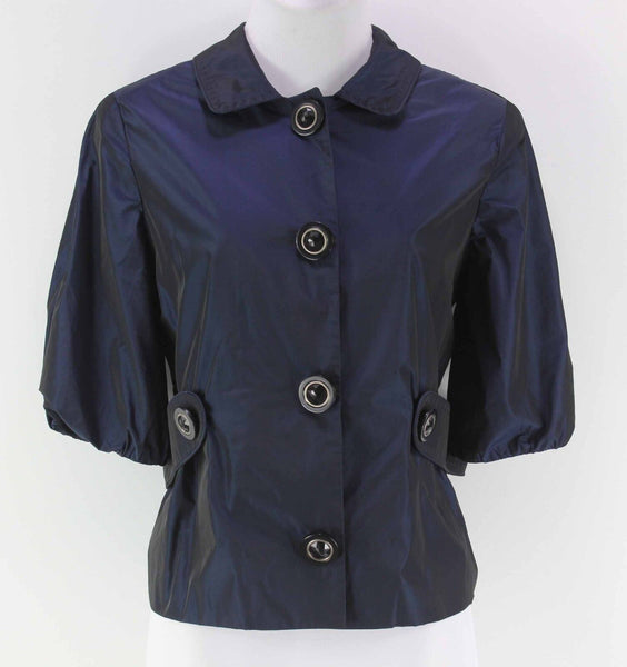Tahari Sz XS Navy Black Iridescent Poly Elbow Sleeve Self Belted Blazer