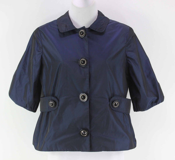 Tahari Sz XS Navy Black Iridescent Poly Elbow Sleeve Self Belted Blazer