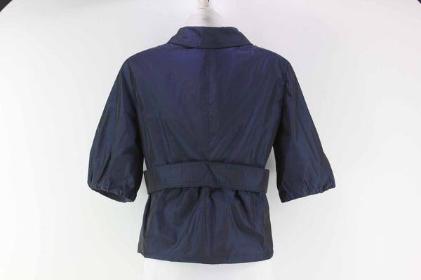 Tahari Sz XS Navy Black Iridescent Poly Elbow Sleeve Self Belted Blazer