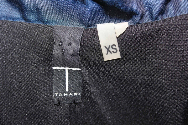 Tahari Sz XS Navy Black Iridescent Poly Elbow Sleeve Self Belted Blazer