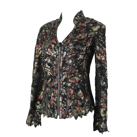Image Leather Sz M (XS) Black Red Gold Sheer Rhinestone Zip Poly Viscose Jacket