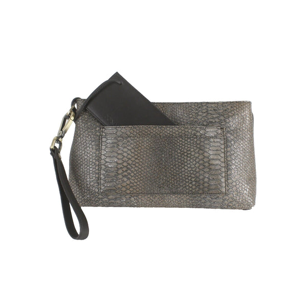 Donald J Pliner 7 x 12 Brown Multi Metallic Snake Leather Zip Top Wristlet Purse