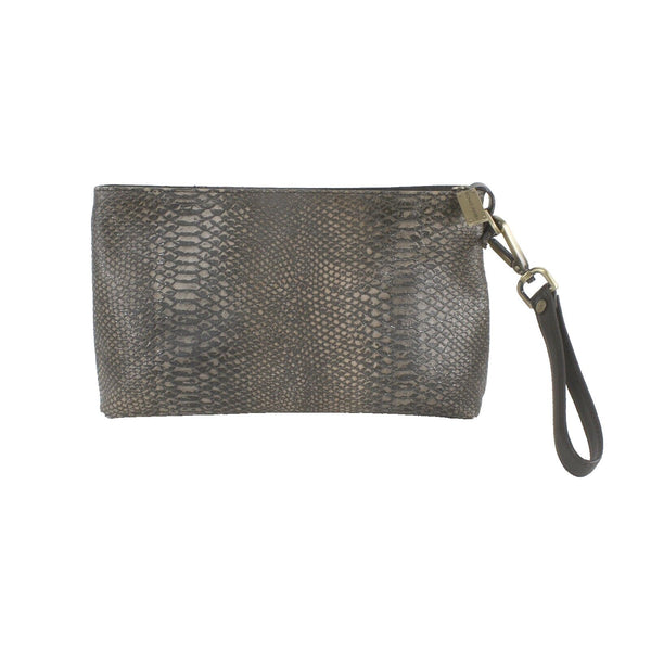 Donald J Pliner 7 x 12 Brown Multi Metallic Snake Leather Zip Top Wristlet Purse