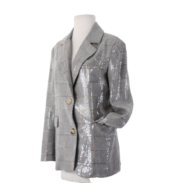 Athina Blazer Jacket $69 Sz S Gray Multicolor Plaid Sequin 100% Polyester Jacket