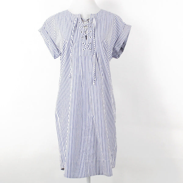 J Crew NEW $98 Sz S White Blue Stripe Lace Up Neck Drop Shoulder Cotton Dress