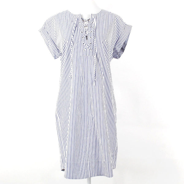 J Crew NEW $98 Sz S White Blue Stripe Lace Up Neck Drop Shoulder Cotton Dress