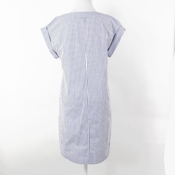 J Crew NEW $98 Sz S White Blue Stripe Lace Up Neck Drop Shoulder Cotton Dress