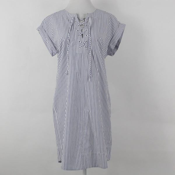 J Crew NEW $98 Sz S White Blue Stripe Lace Up Neck Drop Shoulder Cotton Dress