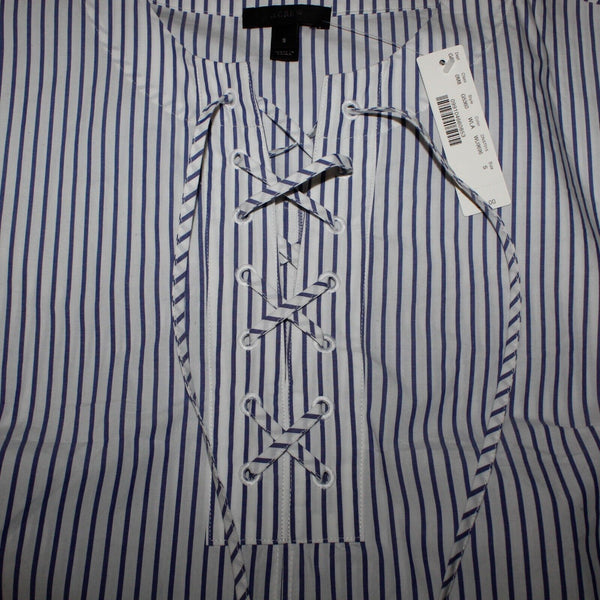 J Crew NEW $98 Sz S White Blue Stripe Lace Up Neck Drop Shoulder Cotton Dress