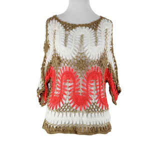 Miracle City Sz S? Gold Cream Coral Pink Sheer Open Knit Crochet Cotton Wool Top
