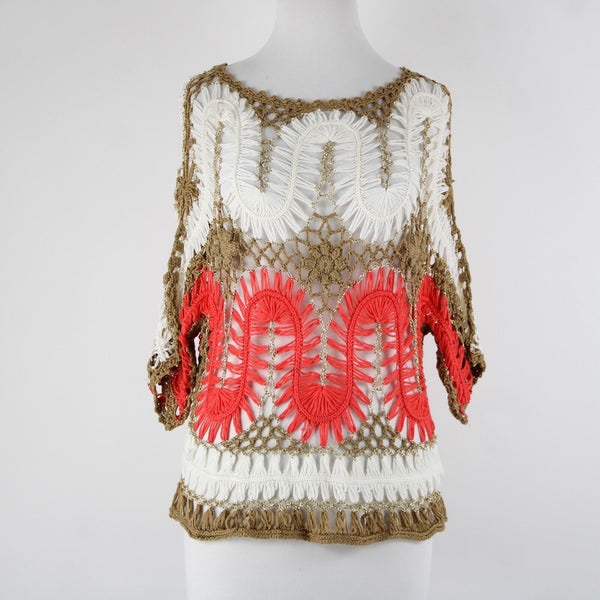 Miracle City Sz S? Gold Cream Coral Pink Sheer Open Knit Crochet Cotton Wool Top