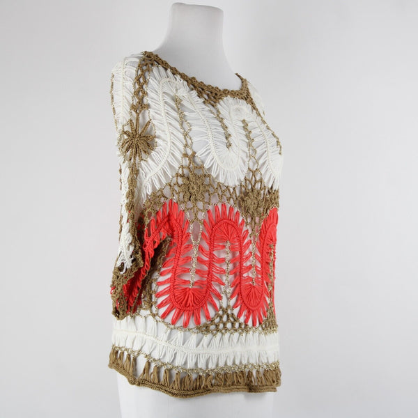 Miracle City Sz S? Gold Cream Coral Pink Sheer Open Knit Crochet Cotton Wool Top