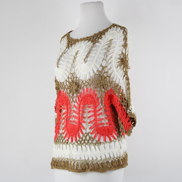 Miracle City Sz S? Gold Cream Coral Pink Sheer Open Knit Crochet Cotton Wool Top