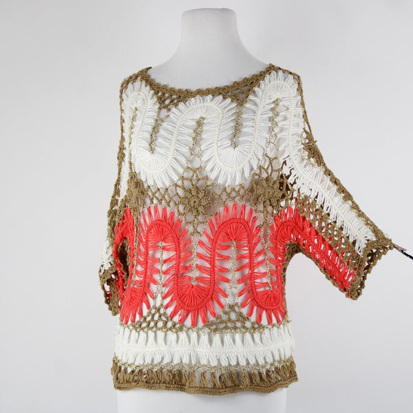 Miracle City Sz S? Gold Cream Coral Pink Sheer Open Knit Crochet Cotton Wool Top