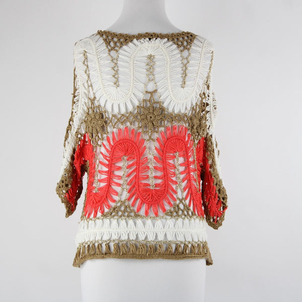 Miracle City Sz S? Gold Cream Coral Pink Sheer Open Knit Crochet Cotton Wool Top