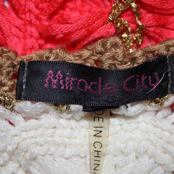Miracle City Sz S? Gold Cream Coral Pink Sheer Open Knit Crochet Cotton Wool Top