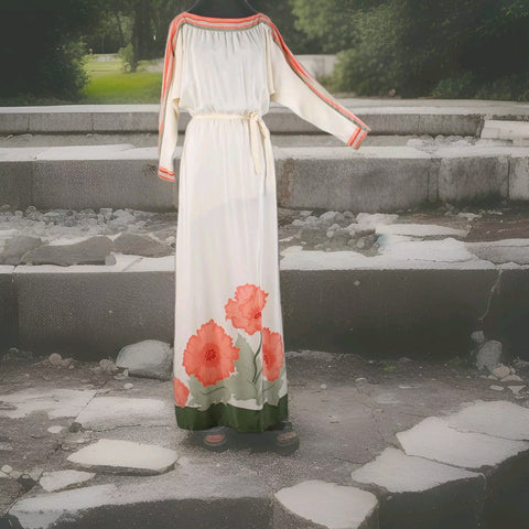 Paulette Buraud Cream Pink Green Floral Unlined Vintage Couture Dress