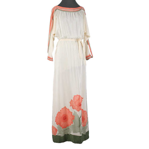 Paulette Buraud Cream Pink Green Floral Unlined Vintage Couture Dress