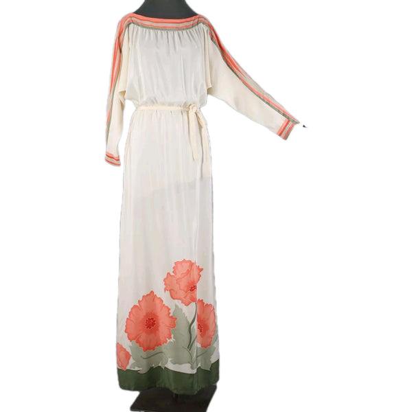 Paulette Buraud Cream Pink Green Floral Unlined Vintage Couture Dress