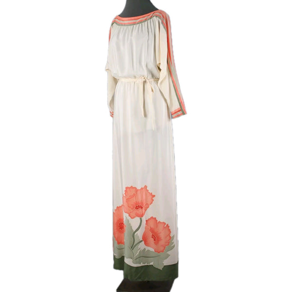 Paulette Buraud Cream Pink Green Floral Unlined Vintage Couture Dress