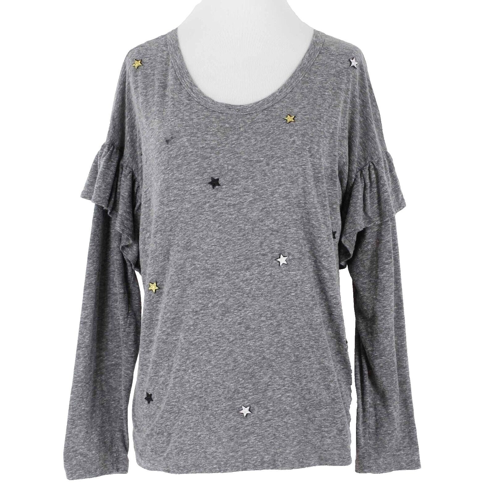 Sundry Sz 2 Gray Gold Stars Patches Ruffle Sleeve Polyester Cotton Top