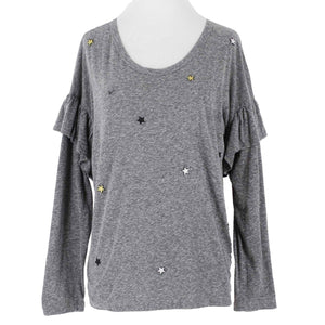 Sundry Sz 2 Gray Gold Stars Patches Ruffle Sleeve Polyester Cotton Top