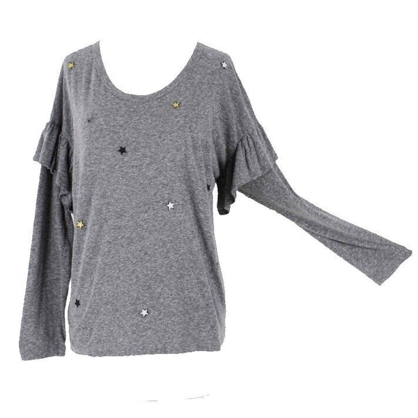 Sundry Sz 2 Gray Gold Stars Patches Ruffle Sleeve Polyester Cotton Top