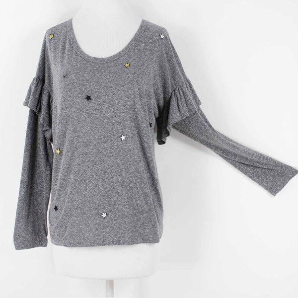 Sundry Sz 2 Gray Gold Stars Patches Ruffle Sleeve Polyester Cotton Top