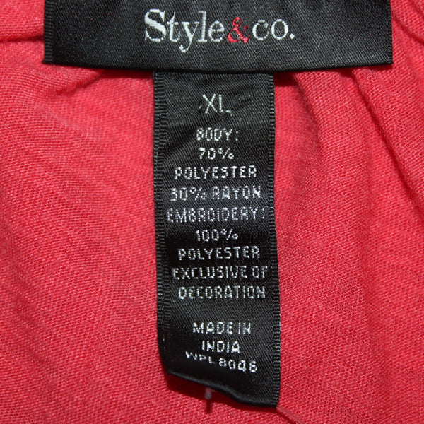 Style Co Top NEW $47 Sz XL Aurora Rose Red Black Embroidered Polyester Rayon Top