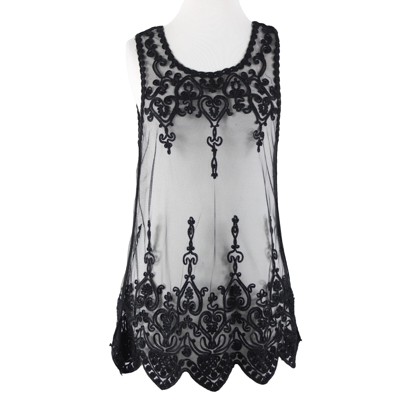 Universal Fashion NEW $50 Sz M Black Sheer Mesh Embroidered Tank 100% Poly Top