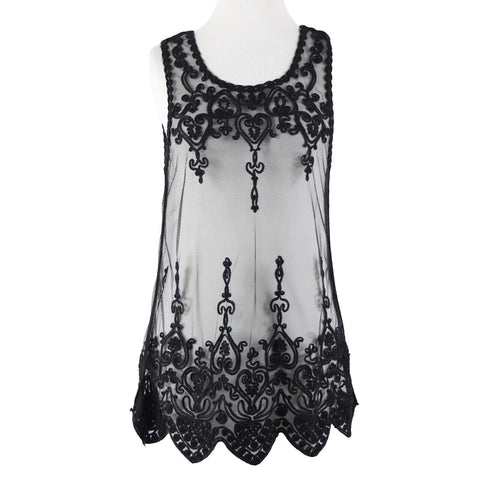 Universal Fashion NEW $50 Sz M Black Sheer Mesh Embroidered Tank 100% Poly Top